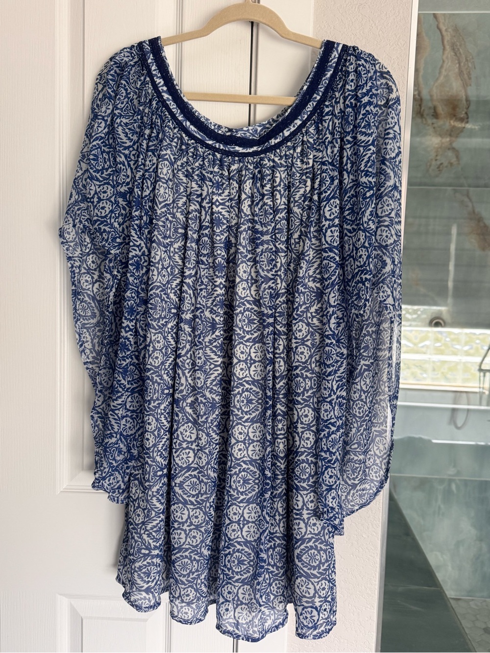 Mango Blue and White Printed Long-Sleeve Tunic